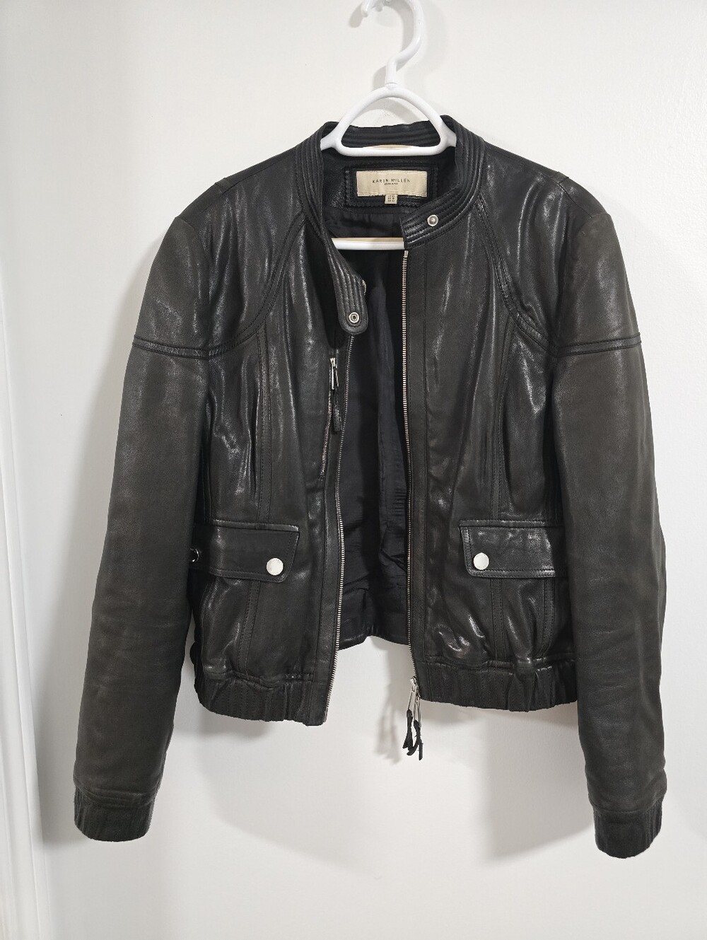 Karen Millen England Black Leather Bike  Jacket Short Size 10 M